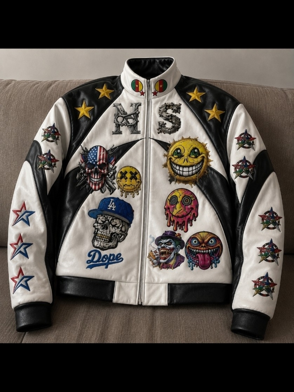 White & Black Graphic Embroidered Men's Varsity Jacket